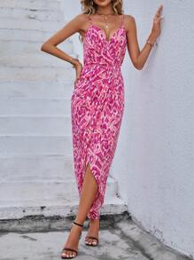 SHEIN Clasi Đầm Trọn gói Dây kéo Tách cao Tất cả trên in Giải trí - Màu Hồng Tươi - Xem 3