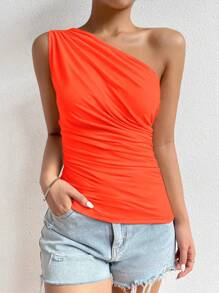 SHEIN Privé One Shoulder Ruched Side Crop Top - Burnt Orange - View 3