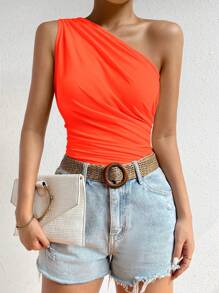 SHEIN Privé One Shoulder Ruched Side Crop Top - Burnt Orange - View 6