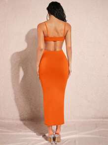 Silquee Solid Cut Out Waist Cami Bodycon Dress - Orange - View 7