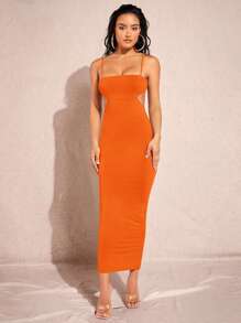 Silquee Solid Cut Out Waist Cami Bodycon Dress - Orange - View 3