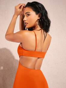 Silquee Solid Cut Out Waist Cami Bodycon Dress - Orange - View 4