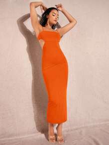 Silquee Solid Cut Out Waist Cami Bodycon Dress - Orange - View 5