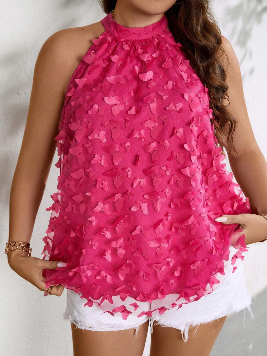 SHEIN Clasi Talla grande Blusa con mariposa aplique de cuello halter - Rosa Fucsia - Ver 1