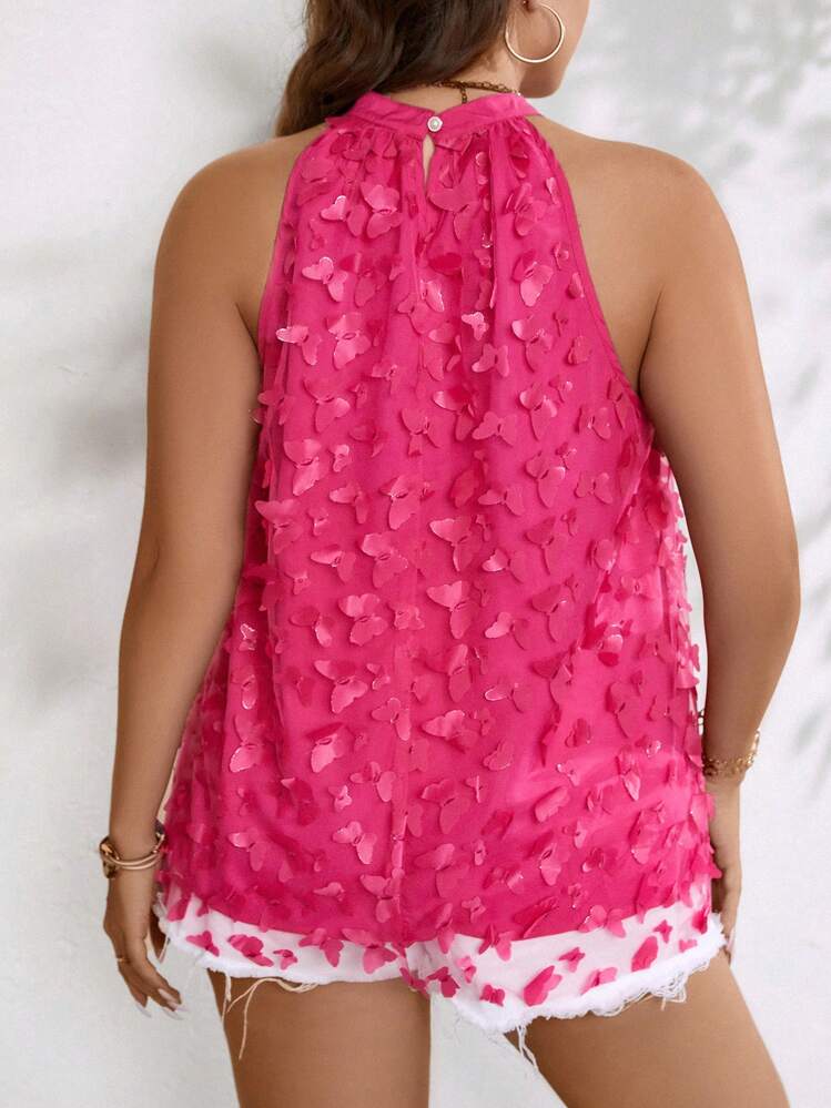 SHEIN Clasi Plus Blouse Papillon Applique Ras-Du-Cou - Rose vif - Voir 2