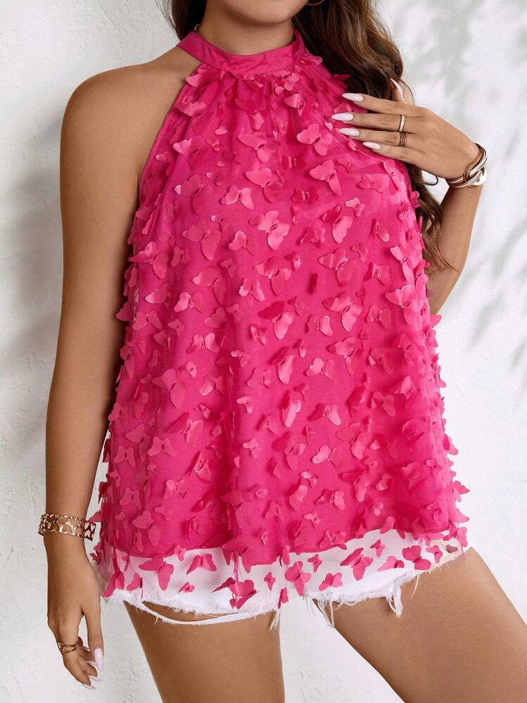SHEIN Clasi Plus Blouse Papillon Applique Ras-Du-Cou - Rose vif - Voir 3