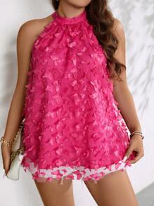 SHEIN Clasi Talla grande Blusa con mariposa aplique de cuello halter - Rosa Fucsia - Ver 6