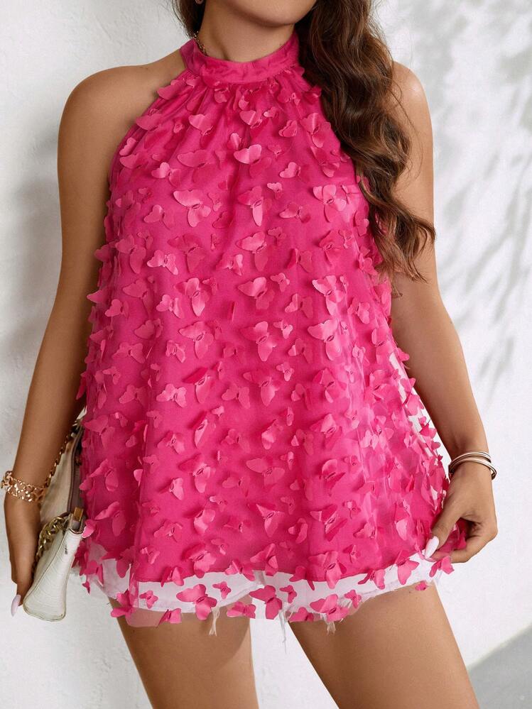SHEIN Clasi Plus Blouse Papillon Applique Ras-Du-Cou - Rose vif - Voir 6