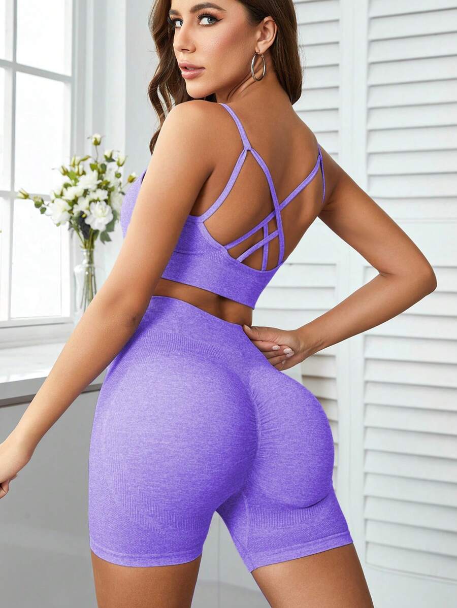 SHEIN Yoga Sxy 露背交叉寬腰帶運動套裝 - 紫色 - 查看 1