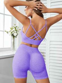SHEIN Yoga Sxy 露背交叉寬腰帶運動套裝 - 紫色 - 查看 3