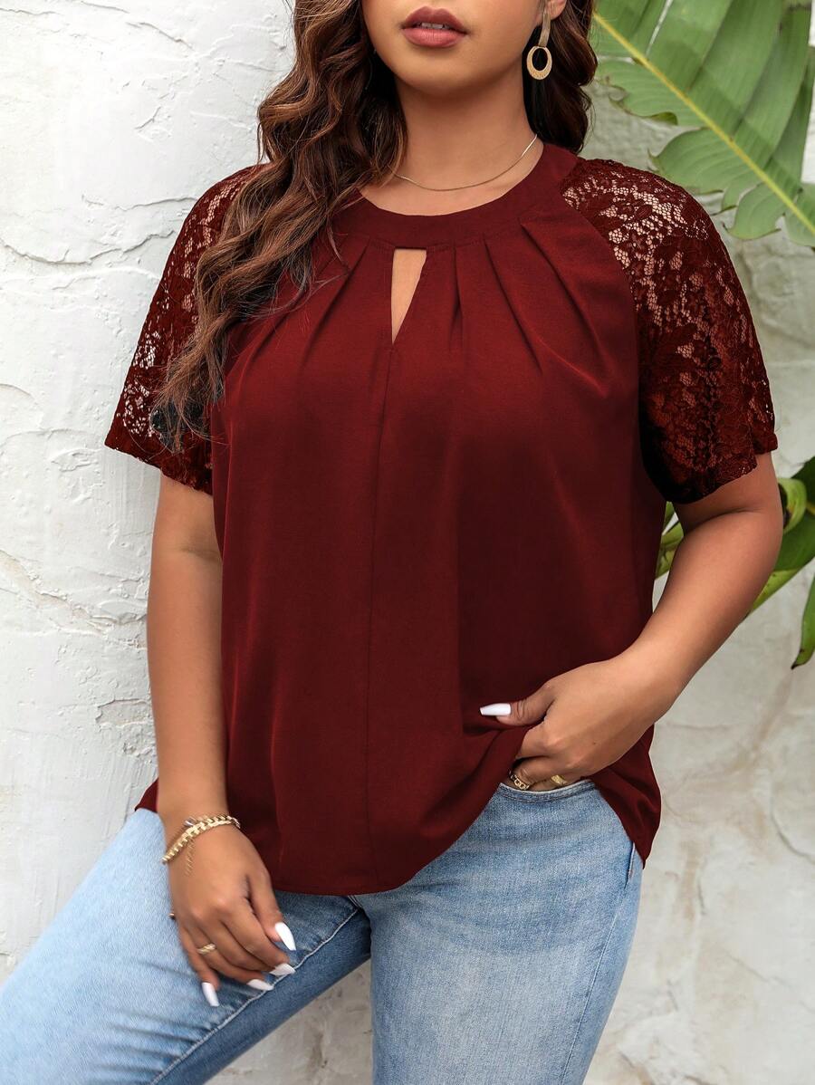 SHEIN Clasi Plus Contrast Lace Raglan Sleeve Keyhole Neckline Plicated Detail Blouse