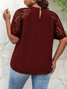 SHEIN Clasi Plus Contrast Lace Raglan Sleeve Keyhole Neckline Plicated Detail Blouse