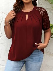 SHEIN Clasi Plus Contrast Lace Raglan Sleeve Keyhole Neckline Plicated Detail Blouse