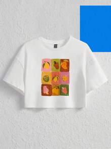 Vitoria Brayner Fruit Print Drop Shoulder Crop Tee - White - View 1