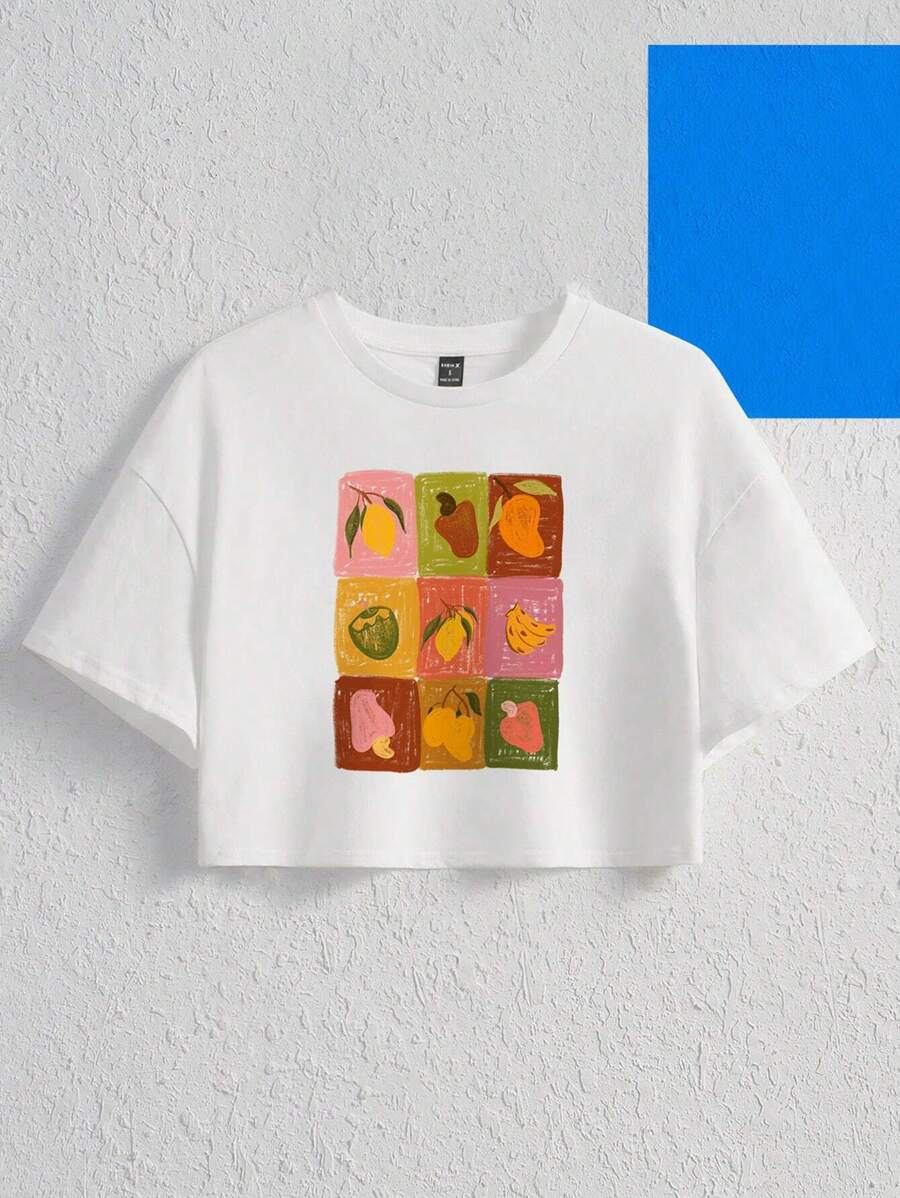 Vitoria Brayner Fruit Print Drop Shoulder Crop Tee - White - View 1