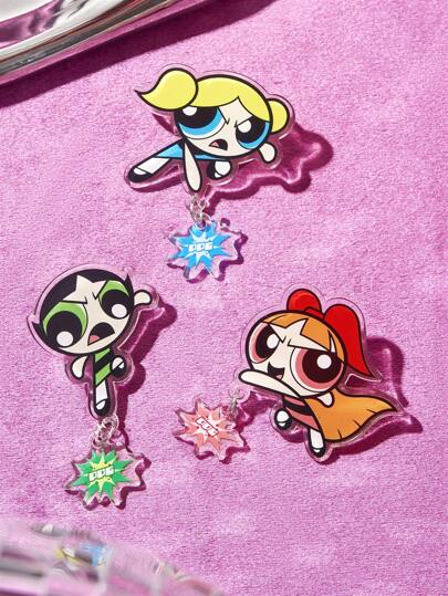 THE POWERPUFF GIRLS X SHEIN 3pcs Acrylic Interesting Blossom, Bubbles, Buttercup Pattern Pendant Brooch Pins