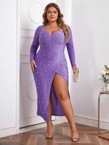 SHEIN SXY Plus Pearls Beaded Split Thigh Halter Neck Dress - Violet Purple - View 3
