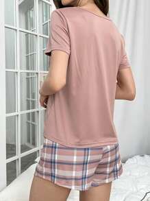 SHEIN Plaid Print Pocket Patched PJ Set / Pajama Set - Dusty Pink - View 2