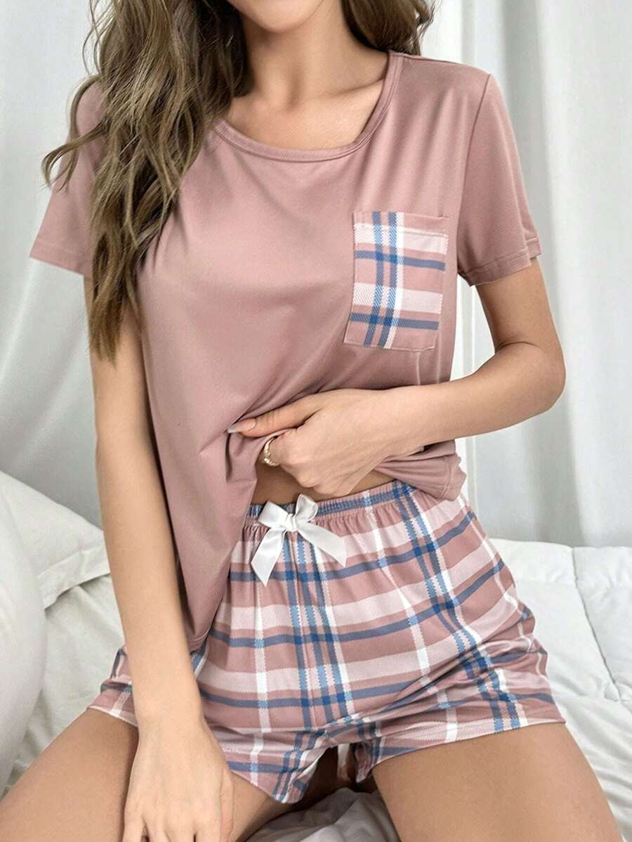SHEIN Plaid Print Pocket Patched PJ Set / Pajama Set - Dusty Pink - View 1