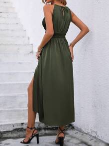 SHEIN Clasi Vestido de satén largo con abertura lateral sólida para mujer - Verde militar - Ver 2