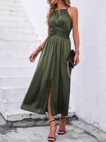 SHEIN Clasi Vestido de satén largo con abertura lateral sólida para mujer - Verde militar - Ver 4