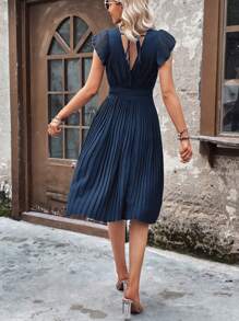 SHEIN Clasi 交疊領蝴蝶袖百褶下擺洋裝 - 藏蓝色 - 查看 2