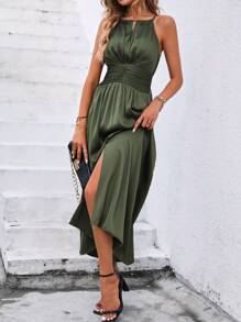 SHEIN Clasi Vestido de satén largo con abertura lateral sólida para mujer - Verde militar - Ver 6