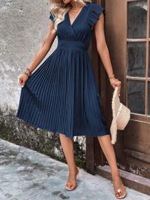 SHEIN Clasi 交疊領蝴蝶袖百褶下擺洋裝 - 藏蓝色 - 查看 4