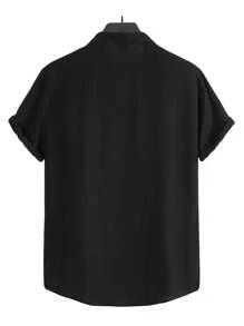 Manfinity Homme 宽松男士纯色休闲半扣衬衫 - 黑色 - 查看 2