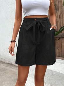 SHEIN LUNE Quần đùi nữ Nút Túi Thắt lưng màu trơn Giải trí - màu đen - Xem 1