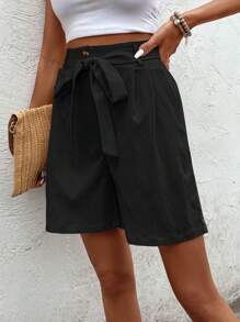 SHEIN LUNE Quần đùi nữ Nút Túi Thắt lưng màu trơn Giải trí - màu đen - Xem 3