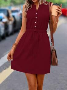 SHEIN LUNE 纯色纽扣前抽绳腰部连衣裙 酒红色女装 - 酒紅色 - 查看 4