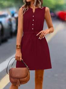 SHEIN LUNE 纯色纽扣前抽绳腰部连衣裙 酒红色女装 - 酒紅色 - 查看 5