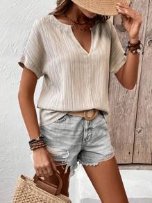 SHEIN LUNE Notched Neck Batwing Sleeve Blouse - Apricot - View 4