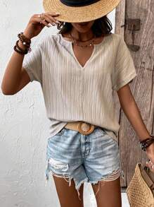 SHEIN LUNE Notched Neck Batwing Sleeve Blouse - Apricot - View 5