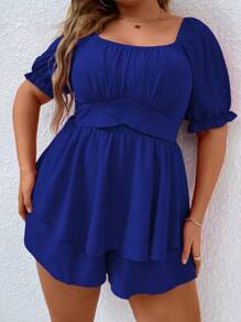 SHEIN LUNE Jumpsuits Plus Size phân lớp Dải chun Nếp gấp Phần Ngực màu trơn Giải trí - Xanh đậm - Xem 3