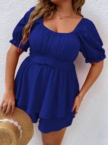 SHEIN LUNE Jumpsuits Plus Size phân lớp Dải chun Nếp gấp Phần Ngực màu trơn Giải trí - Xanh đậm - Xem 4