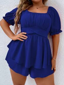 SHEIN LUNE Jumpsuits Plus Size phân lớp Dải chun Nếp gấp Phần Ngực màu trơn Giải trí - Xanh đậm - Xem 5