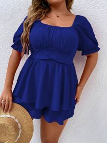 SHEIN LUNE Jumpsuits Plus Size phân lớp Dải chun Nếp gấp Phần Ngực màu trơn Giải trí - Xanh đậm - Xem 6