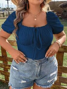 Calvaya Áo thun Plus size viền lá sen Thắt nơ trước Tranh thêu màu trơn Giải trí - Màu xanh lam - Xem 1