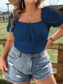 Calvaya Áo thun Plus size viền lá sen Thắt nơ trước Tranh thêu màu trơn Giải trí - Màu xanh lam - Xem 4