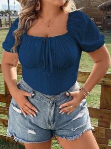 Calvaya Áo thun Plus size viền lá sen Thắt nơ trước Tranh thêu màu trơn Giải trí - Màu xanh lam - Xem 5