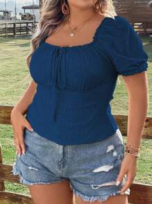 Calvaya Áo thun Plus size viền lá sen Thắt nơ trước Tranh thêu màu trơn Giải trí - Màu xanh lam - Xem 6