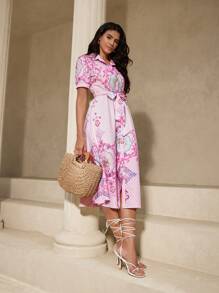 SHEIN Unity In Đồ họa Thắt lưng Váy sơ mi - Hồng - Xem 4