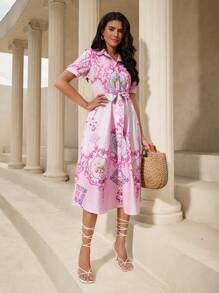 SHEIN Unity In Đồ họa Thắt lưng Váy sơ mi - Hồng - Xem 6