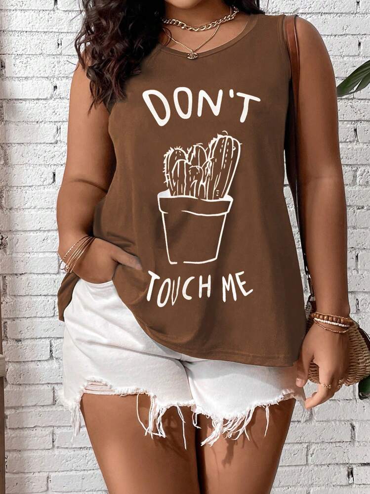 SHEIN LUNE พลัส เสื้อกล้าม กราฟฟิค ตัวอักษร & การ์ตูน - สีน้ำตาล - ดู 4