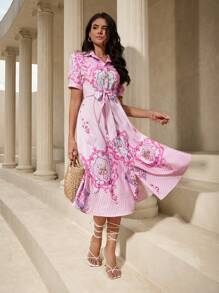 SHEIN Unity In Đồ họa Thắt lưng Váy sơ mi - Hồng - Xem 7