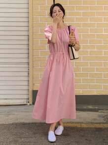 DAZY Chất rắn Eo dây rút Đầm - Hồng - Xem 1