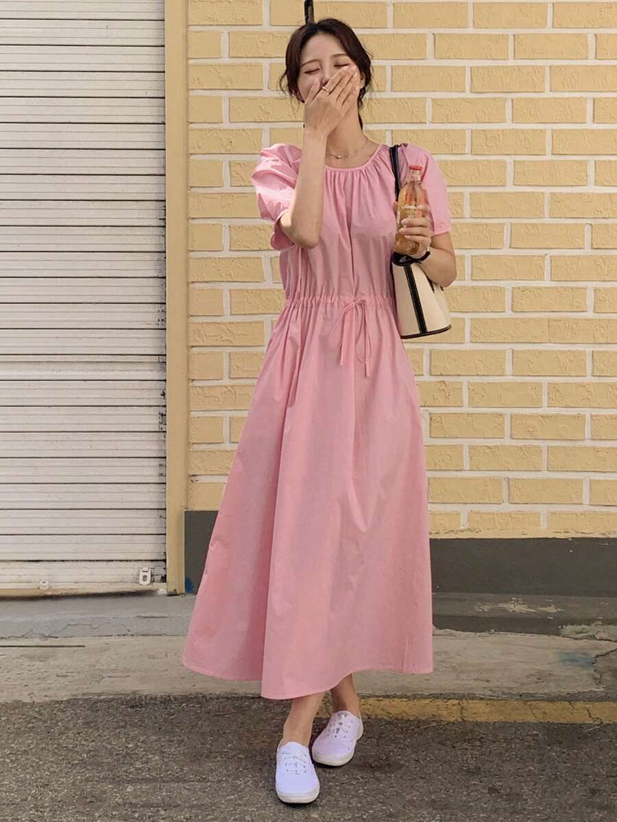 DAZY Chất rắn Eo dây rút Đầm - Hồng - Xem 1