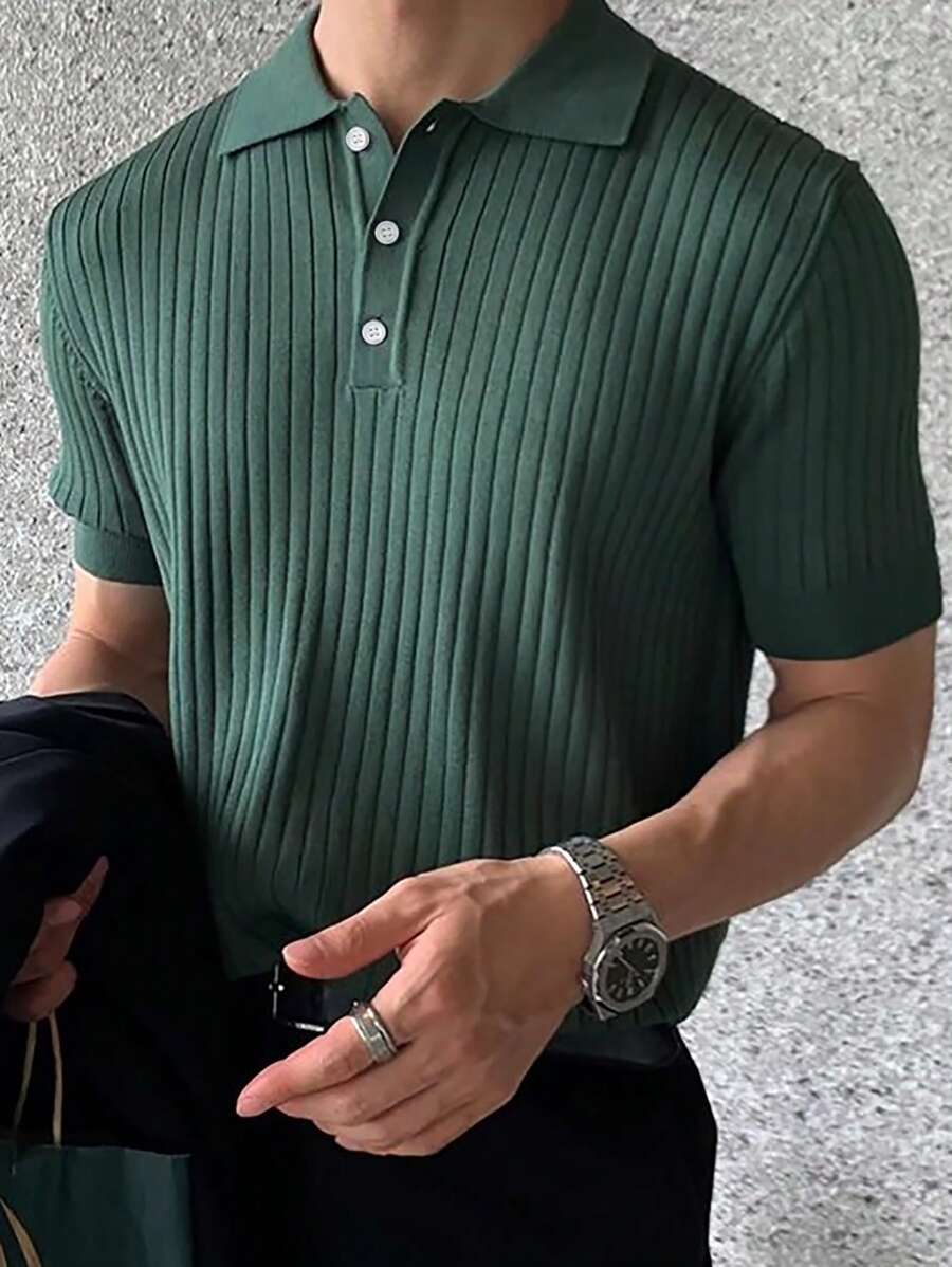 男士时尚休闲纹理纯色短袖针织上衣 - 綠色 - 查看 1